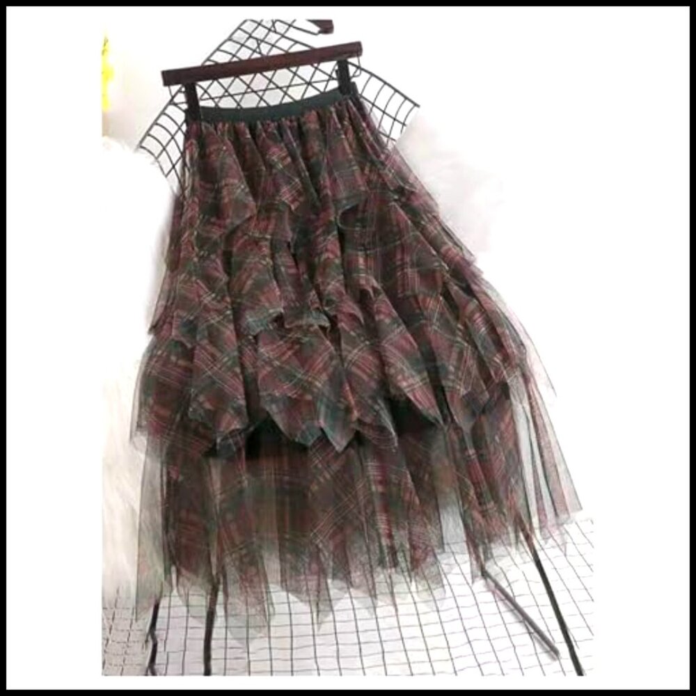 Tulle Mesh Plaid Skirt High Waist A Line Tiered Ruffle Long Skirt - Picture 3 of 5
